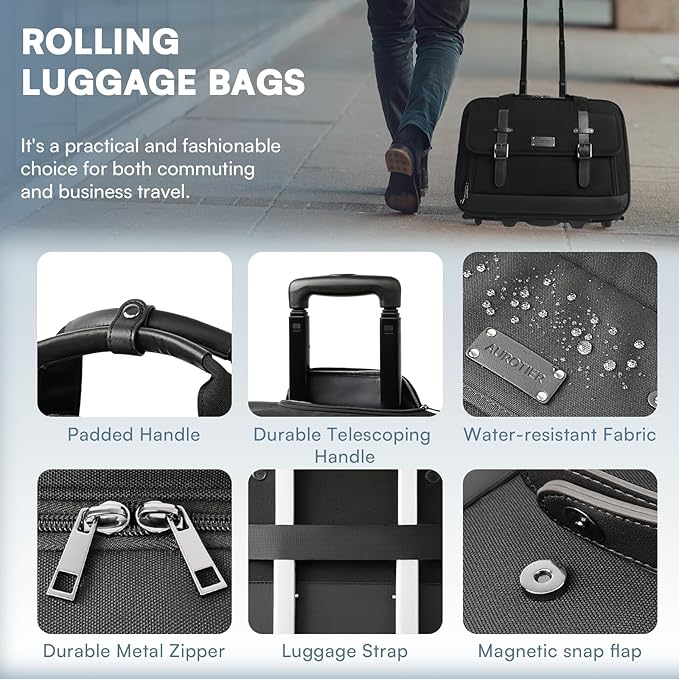 Rolling Laptop Bag, Briefcase for Men and Women, 17 Inch Computer Bag with Wheels Underseat Carry on Luggage, Laptop Briefcase Case for Work, Travel, College Teacher, Mobile Office Bag, Black