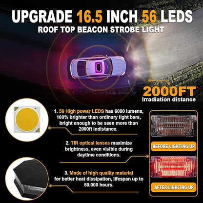 ASPL 16.5 Inch Roof Top Beacon Emergency Strobe Light 56 LED Magnetic Warning Caution lights bar Traffic Hazard Plow Light for Trucks Vehicles Construction Snowplow (Red/Blue)