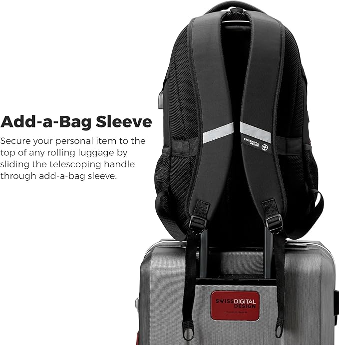 Swissdigital Design Laptop Backpack with USB Charging Port, Travel Backpack Fits 15.6 inches Computer, 31L College School Backpack for Men, Black | SD803-01