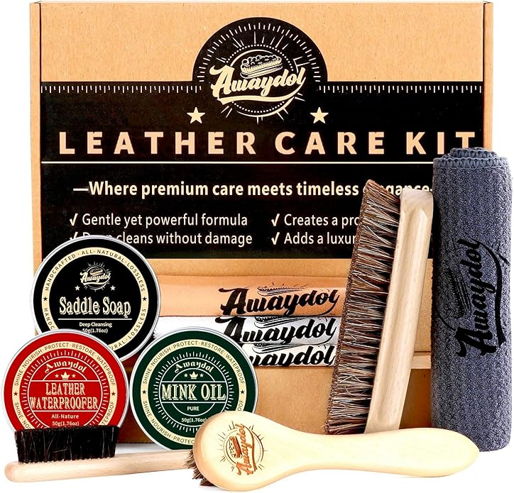 10 PCS Leather Care Kit - Horsehair Brushes,Saddle Soap,Waterproofing Wax,Mink Oil Conditioner,Polishing Cloth,Microfiber cloth,Boot Shoe Shine Cleaning Kit Gift for Men Cowboy Husband Dad ﻿