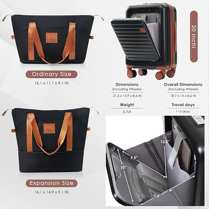 Luggage with Cup Holder and USB Port Carry On Luggage with Cosmetic Carry On Bag