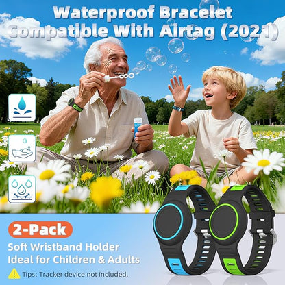 2-Pack Bracelet Compatible with AirTag for Kids, Waterproof Airtag Bracelet Full Coverage Protective Case Design Soft Silicone Hidden Air Tag Holder for Toddler Child Elderly (Blue+Green)