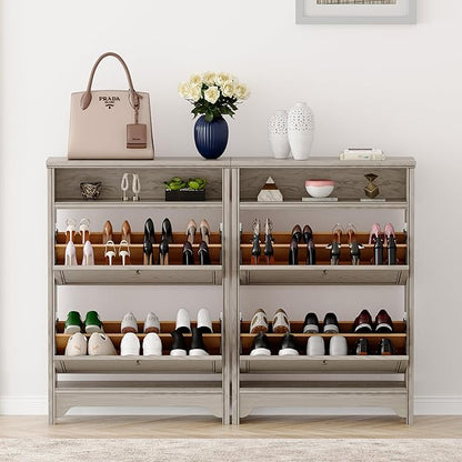 Chogori Solid Wood Shoe Storage Cabinet for Entryway - Narrow Freestanding Shoe Organizer with 2 Flip-Up Drawers, Hallway Shoe Rack with Sturdy Wooden Legs for Foyer, Living Room (1, Charcoal Gray)