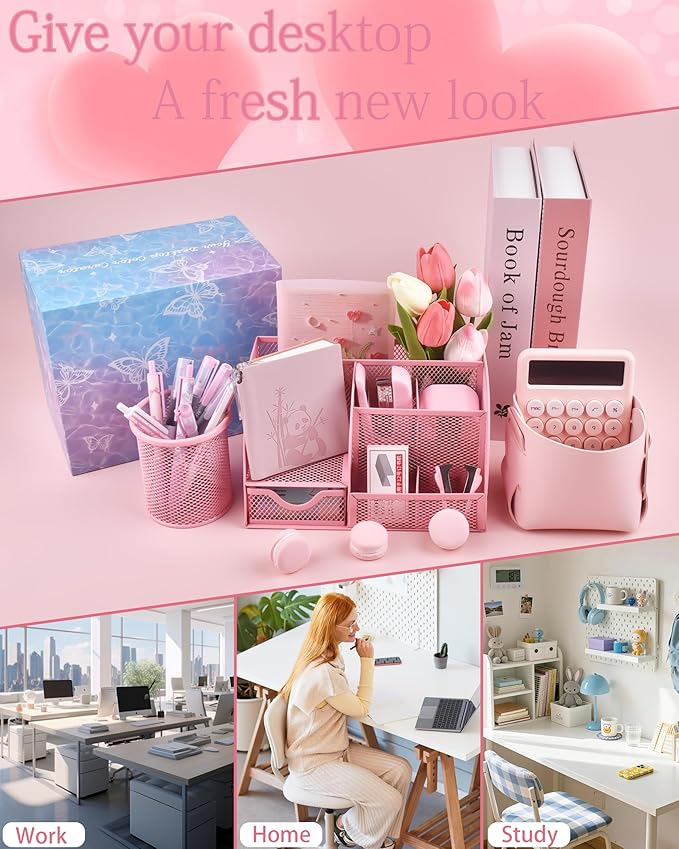 23pc Pink Desk Accessories and Organizers with Mesh Organizer Stapler Tape Dispenser Calculator and a Lot of Office Pink Office Supplies Beautifully Presented in a Gift Box