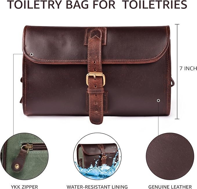 LEATHER VILLAGE Hanging Leather Toiletry Bag for Men – Handcrafted Vintage Premium Travel Dopp Kit with Waterproof Lining, Shaving Organizer and Shower Bathroom Essentials Case - Cherry