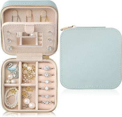Genuine Leather Travel Jewelry Organizer Case with Mirror for Women, Small Mini Portable Jewelry Box for Earring, Ring, Necklace, Bracelet（Baby Blue）