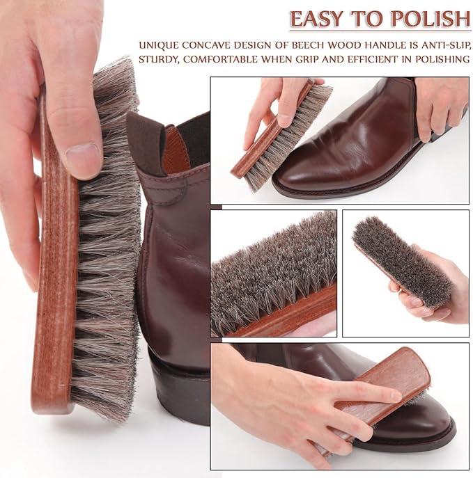 TAKAVU Shoe Shine Brushes Kit (4PCS) - 100% Soft Horsehair Bristles Brush, Polish Applicator, Crepe Suede Shoes Brush, Microfiber Buffing Cloth for Shoes, Leather, Boot, Cloth, Bag