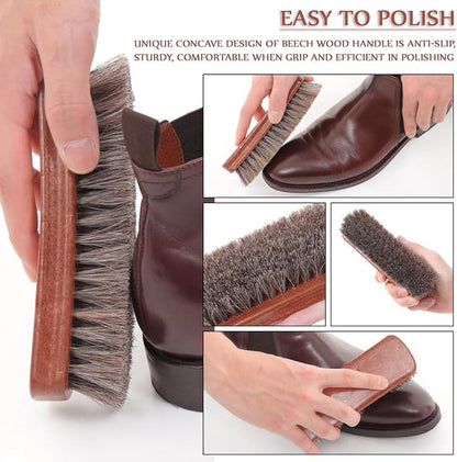 TAKAVU Shoe Shine Brushes Kit (4PCS) - 100% Soft Horsehair Bristles Brush, Polish Applicator, Crepe Suede Shoes Brush, Microfiber Buffing Cloth for Shoes, Leather, Boot, Cloth, Bag