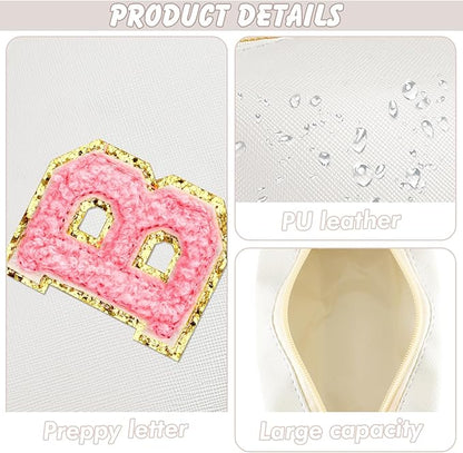 Initial Makeup Bag Personalized Preppy Travel Small Cosmetic Bag Cute PU White Chenille Letter Makeup Pouch for Purse Waterproof Zippered Toiletry Organizer for Women Girls Kids Friends (B)