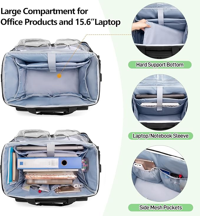 Trunab Rolling Teacher Bag with Expandable File Pocket and Detachable Trolley, Teacher Tote Bag with Wheels for up to 15.6 Inches Laptop (Patented Design) (Black)