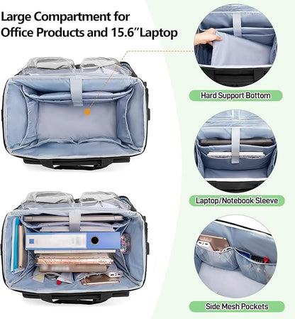 Trunab Rolling Teacher Bag with Expandable File Pocket and Detachable Trolley, Teacher Tote Bag with Wheels for up to 15.6 Inches Laptop (Patented Design) (Black)