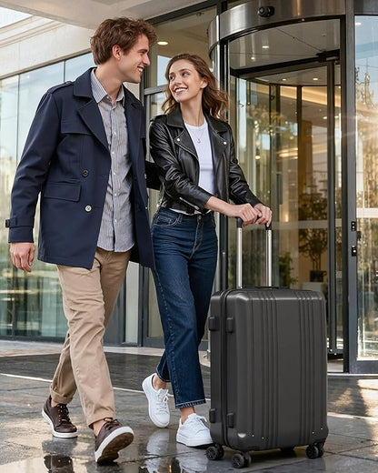 Coolife Luggage PC+ABS Hardshell Suitcase with TSA Lock, Spinner Checked Lightweight (grey, M(24IN))
