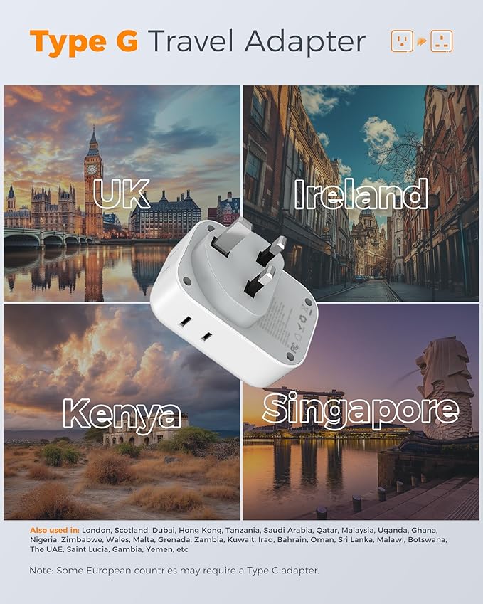 US to UK Plug Adapter 3 Pack, TESSAN Type G Adapter for Travel with 4 Outlets 3 USB Charger(1 USB C), Ireland Power Adaptor for USA to England London Scotland Dubai Singapore Hong Kong Qatar