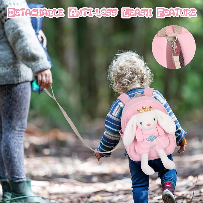 Large Rabbit Toddler Backpacks with Soft Bunny Dolls & Leash Preschool Backpack with Stuffed Animals for School Travel, 5 6 7 8 9 Year Old