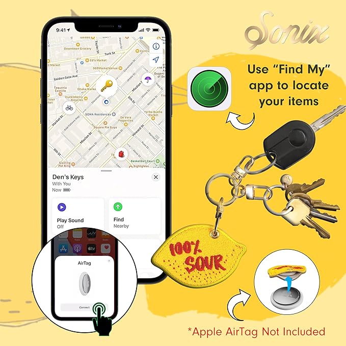 Sonix Keychain Case Compatible with Apple AirTag | Protective AirTag Cover Keychain Charm | 100% Sour, Embroidered Lemon Charm | Lemon