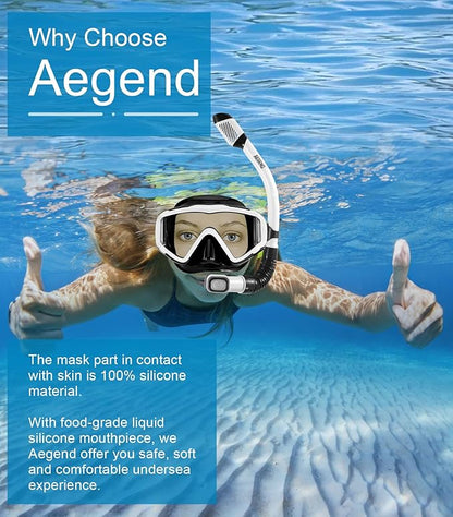 Aegend Snorkeling Gear for Adults Youth Kids, Dry Snorkel Set Panoramic View Enhanced Anti-Leak and Anti-Fog Technology, Adjustable Strap for Snorkeling Scuba Diving Swimming with Mesh Bag