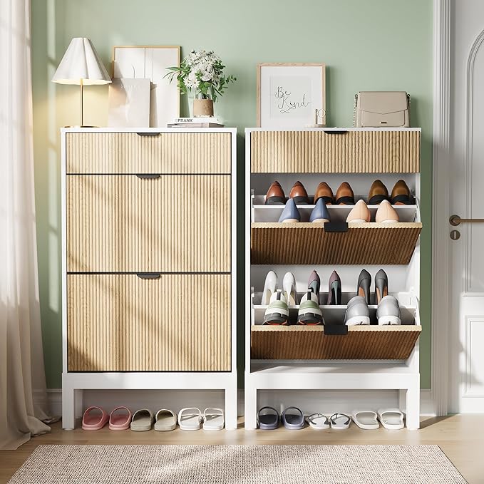 GAOMON Shoe Cabinet with 2 Flip Drawers, Entryway Cabinet with Adjustable Shelves, Accommodate 8 to 12 Pair of Shoes, Space-Saving Slim Shoe Cabinet for Entryway, Hallway, Front Door, White Oak