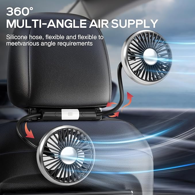 Dealswin Car Fan for Backseat Kids, 2025 Upgraded Dual-Head Car Seat Fans with LED Lights, 3-Speed and 360° Rotatable USB Powered for SUV, RV, Truck, Vehicles
