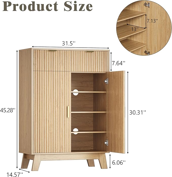 Shoe Cabinet Storage for Entryway with Doors, 4 Tier Fluted Shoe Organizer with 2 Drawers, Entryway Shoe Storage with Adjustable Shelves, Freestanding Hidden Shoe Rack for Front Door Entrance, Oak