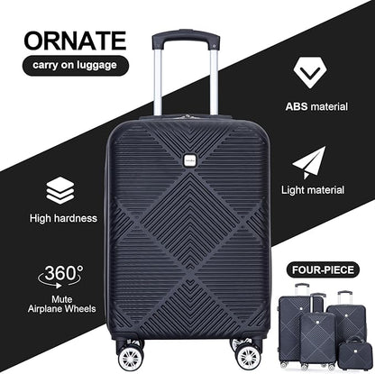 Luggage 4 Piece Set, Hardshell ABS Suitcase Set with Double Spinner Wheels, Lightweight Suitcase, Carry On and Checked Travel Luggage,Dark Black