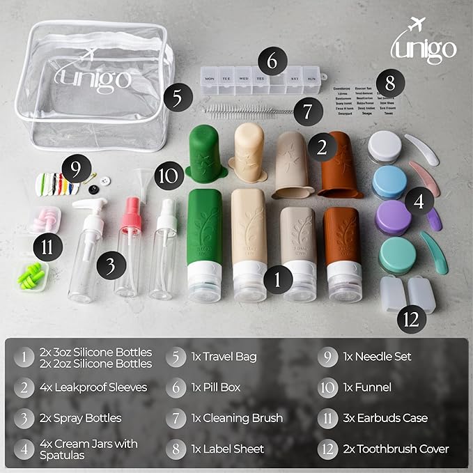 Unigo 30pack Full Set TSA Approved Travel Bottles, Travel Size Containers for Toiletries, Refillable Leakproof Travel Shampoo and Conditioner Bottles, Toiletry Containers,Extra Bottle Sleeves, (C set)