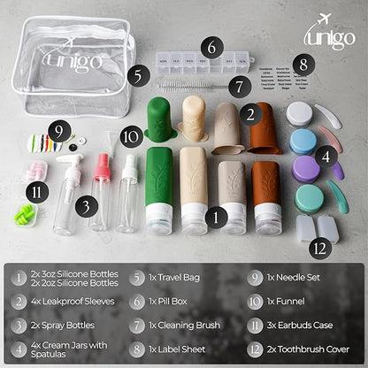 Unigo 30pack Full Set TSA Approved Travel Bottles, Travel Size Containers for Toiletries, Refillable Leakproof Travel Shampoo and Conditioner Bottles, Toiletry Containers,Extra Bottle Sleeves, (C set)