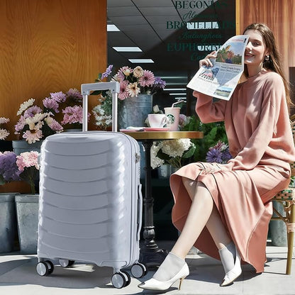 LARVENDER Luggage Sets 3 Piece, Hardside PP Carry On Luggage Suitcase with 360° Spinner Wheels Suitcase Sets for Women Men, Silver Grey
