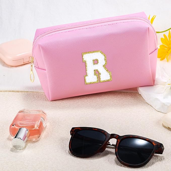 Initial Makeup Bag for Women Travel Small Cosmetic Bag Personalized Preppy Chenille Letter Waterproof Pink Makeup Pouch for Purse Monogram Toiletry Bag with Zipper PU Leather Makeup Case（R）