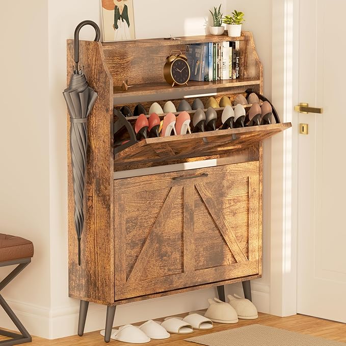 Shoe Cabinet for Entryway, Shoe Organizer Cabinet Slim 9.35", Flip Drawer Shoe Rack with Top Shelf, Narrow Wood Shoe Storage for 34 Pairs, Modern Rustic Entryway Furniture