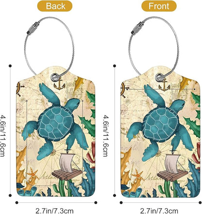 2Pack Luggage Tags for Suitcases, Cute Unique Pu Leather Cruise Luggage Tag with Privacy Cover ID Label Address Card and Metal Ring Suitable for Women Men Kids Travel Bag Turtles