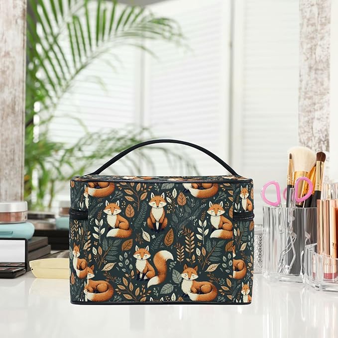 MNSRUU Makeup Bags, Fox and Leaves Makeup Organizer Bags Toiletry Bag Box Travel Cosmetic Bag Make Up Train Case for Women Teen Girl Ladies