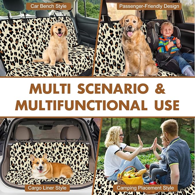 Backseat Cover for Dogs, Waterproof and Non-Slip Pet Bench Seat Covers, Car Seat Protector for Back Seat, Universal Size Rear Car Seat Cover Fits Cars, Trucks and SUVs, L-Leopard&Black
