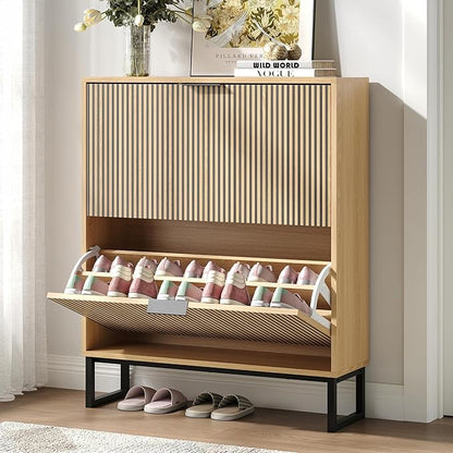 Shoe Cabinet with 2 Flip Drawers, Narrow Wood Shoe Cabinet Storage for Entryway, Freestanding Hidden Shoe Organizer Rack Cabinet for Hallway