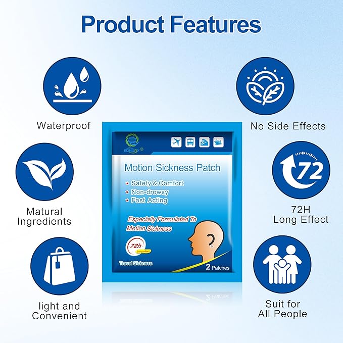 KONGDY 100 Counts Motion Sickness Patches for Kids Adults, Seasick Patches for Cruise with Waterproof and Non Drowsy, Sea Sickness Patches Behind Ear