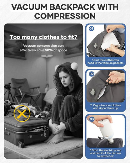 Vacuum Backpack Travel With Pump,Mochila De Viaje Compresion Al Vacio,Large Carry On Vacpack Backpacks For Women Men,Personal Item Travel Backpack With Vacuum System,Black