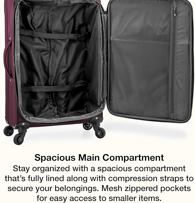 U.S. Traveler Anzio Softside Sturdy Ballistic Nylon Expandable Travel Suitcase Luggage with 4 Spinner Wheels, Burgundy, Checked-Medium 26-Inch