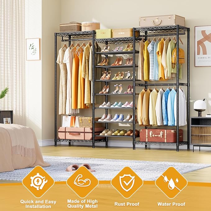 E16 Heavy Duty Clothing Rack（with 7-Tier Adjustable Shoe Rack） Freestanding Clothes Rack for Hanging Clothes，Metal Closet Storage Organizer Large Wardrobe，69'' W x 15.8'' D x 76.2'' H，Black