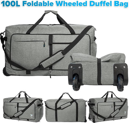 Bago Rolling Duffle Bag with Wheels - 30" 100L Foldable Weekender Bag, Waterproof Travel Duffel Bag, Heavy Duty Lightweight Duffle Bag for Traveling, Rolling Duffel Bag with Wheels (SnowGray2024)