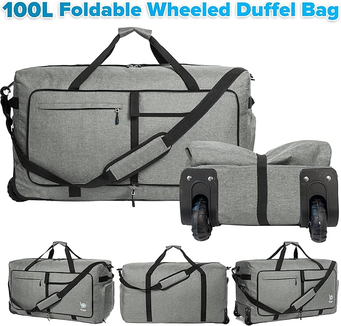 Bago Rolling Duffle Bag with Wheels - 30" 100L Foldable Weekender Bag, Waterproof Travel Duffel Bag, Heavy Duty Lightweight Duffle Bag for Traveling, Rolling Duffel Bag with Wheels (SnowGray2024)