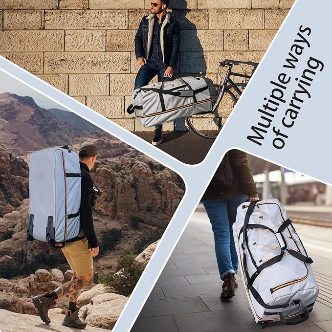 110L Expandable to 140L 32” Foldable Oxford Soft-Sided Rolling Duffle Bag with 2 Heavy-Duty Wheels,3 Large Compartments,Adjustable Shoulder Strap and Attached Organizer Pouch,Grey
