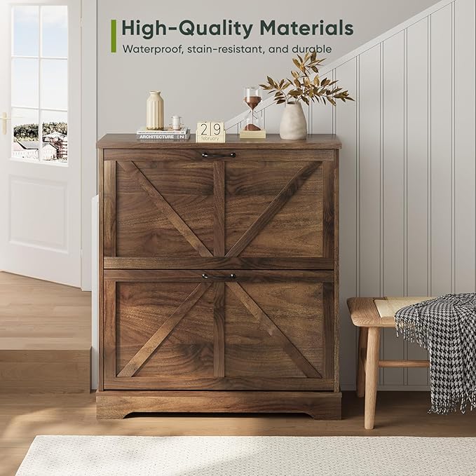Shoe Cabinet, Shoe Storage Cabinet for Entryway with 2 Flip Drawers, Narrow Farmhouse Shoe Organizer Cabinet, Slim Shoe Rack Cabinet, 31.5in Walnut