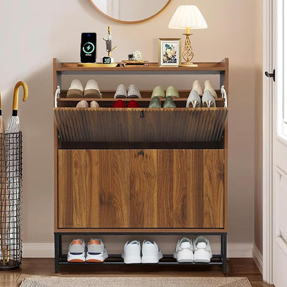 RARZOE Fluted Shoe Cabinet for Entryway with 2 Flip Drawers, Narrow Wood Shoe Cabinet with Fluted Panel, Slim Hidden Shoe Organizer Closed Shoe Rack with Metal Legs for Foyer,Hallway(31.5''Walnut)
