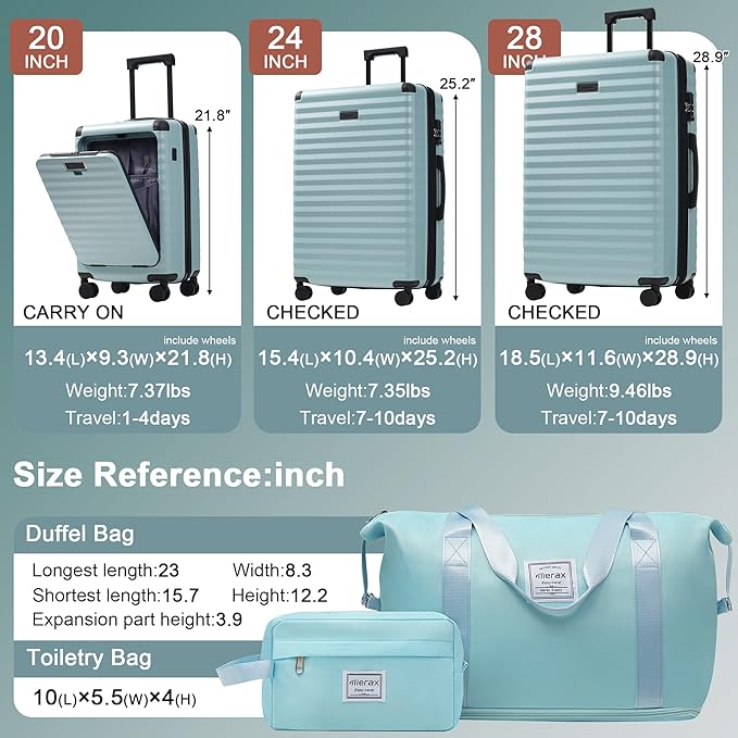 Merax Luggage Sets 5 Piece,Front Open Hardshell Expandable Suitcase with Spinner Wheels and Duffel Bags,Lightweight Carry on Luggage with USB Port and Cup Holder,20/24/28IN,Light Blue
