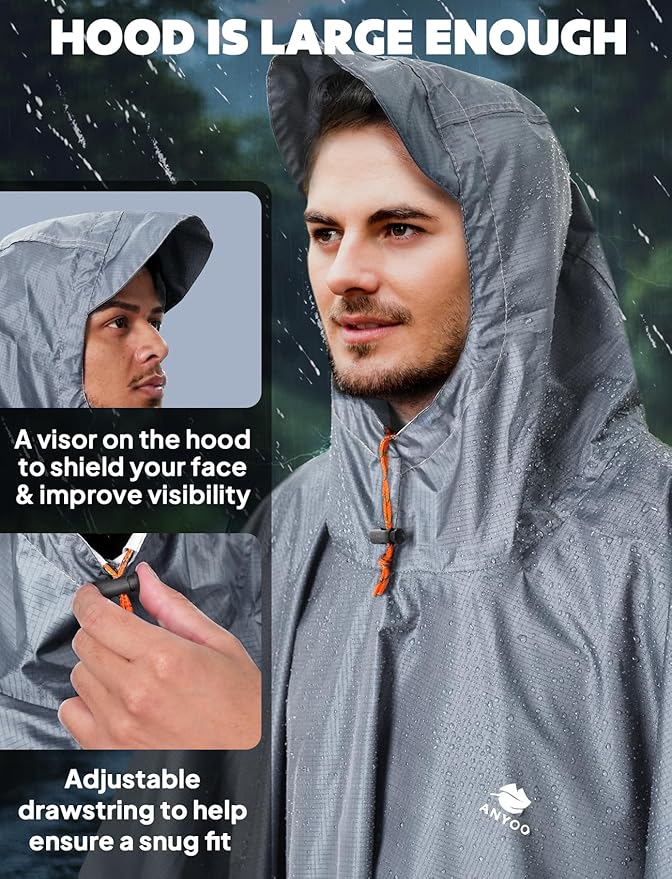 ANYOO Hooded Rain Poncho for Adults Waterproof Lightweight Rain Coat for Men Women Reusable Rain Jacket for Emergency Outdoor