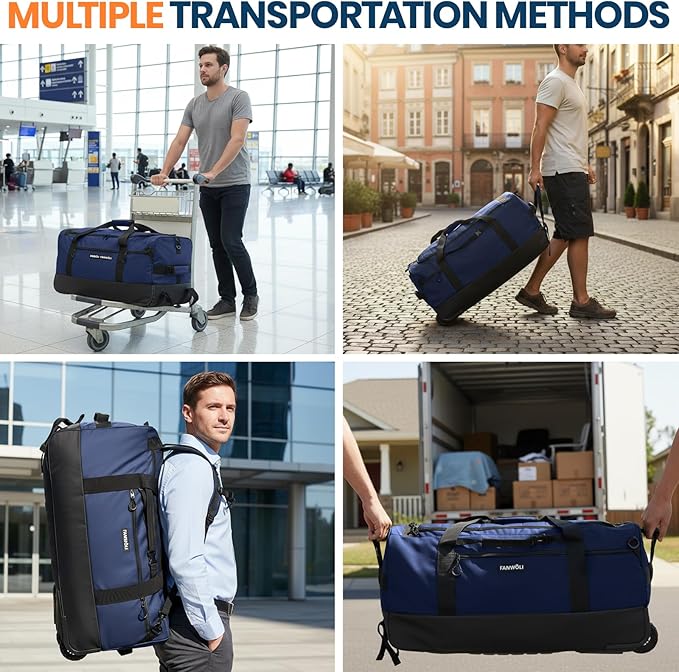 Fanwoli 30'' Large Rolling Duffel Bag with Wheels - No-Sag Design for Heavy Loads, 100L Waterproof Foldable Luggage w/Hidden Backpack Straps & Waist Support Compartment, Lightweight Travel & Gym