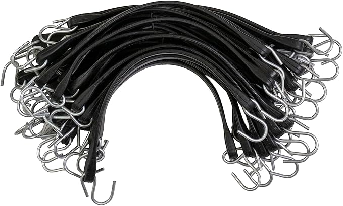 US Cargo Control 15 Inch Rubber Bungee Cords with S-Hooks (50-Pack), 23 Inch Stretch, Rubber Tarp Straps with Hooks for Flatbed Tarps, Trailers, Pickup Trucks, Tarps, Motorcycles, Canopies