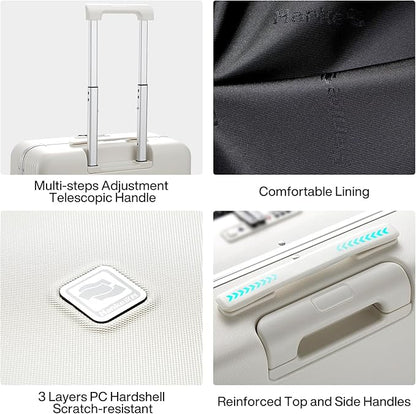 Hanke Grace Hard Shell Suitcases with Wheels,20 Inch Carry On Luggage Airline Approved with Aluminum Frame, Travel suitcase with Front Pocket Travel Luggage for Short Business Trips, Smoke White.