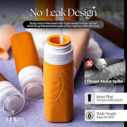 unigo Travel Bottles For Toiletries, 4 pack TSA Approved Containers, Travel Size Toiletries, Shampoo and Conditioner Bottles, Leak Proof and Refillable Bottles, BPA Free, Extra Bottle Covers (Apricot)