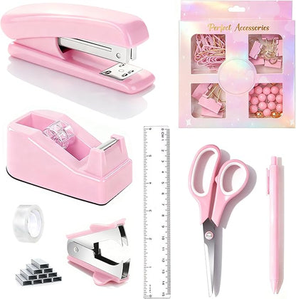 Pink Desk Accessories, Pink Office Supplies Accessories with Tape Dispenser, Stapler, Staple Remover, 1000 Staples, Tape, Clips Set, Ruler, Scissor, Pen