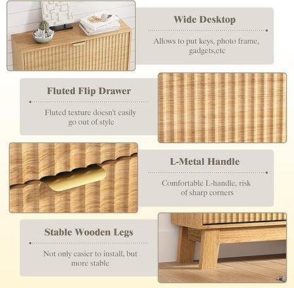 Shoe Cabinet Storage for Entryway with 2 Flip Drawers, Fluted Narrow Shoe Organizer with Wooden Legs, Freestanding Slim Shoe Storage Hidden Shoe Rack Organizer for Front Door Entrance, Oak